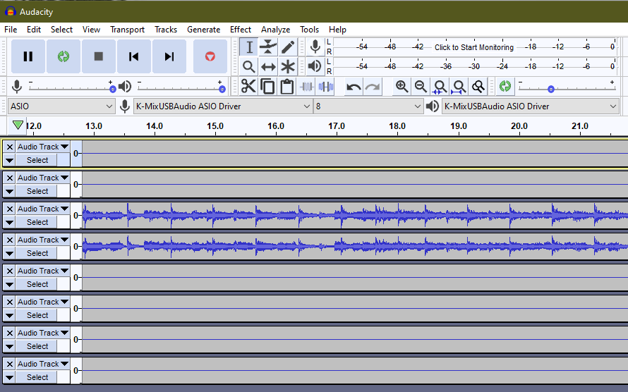Audacity showing 8 channels using the ASIO driver